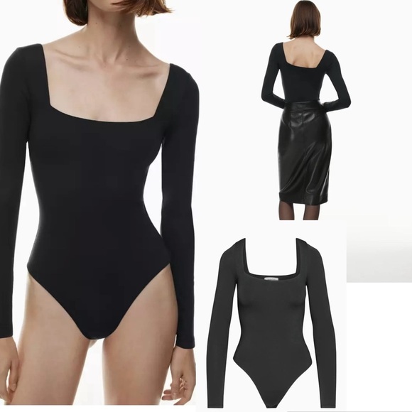 Aritzia Babaton Contour Black Square Neck Long Sleeve Bodysuit Sz M - Picture 1 of 13